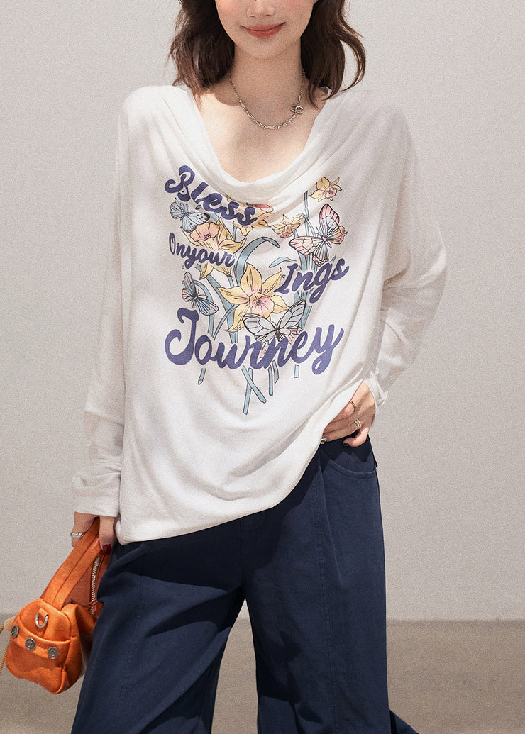 Boutique White Turtle Neck Print Cotton Pullover Sweatshirt Fall