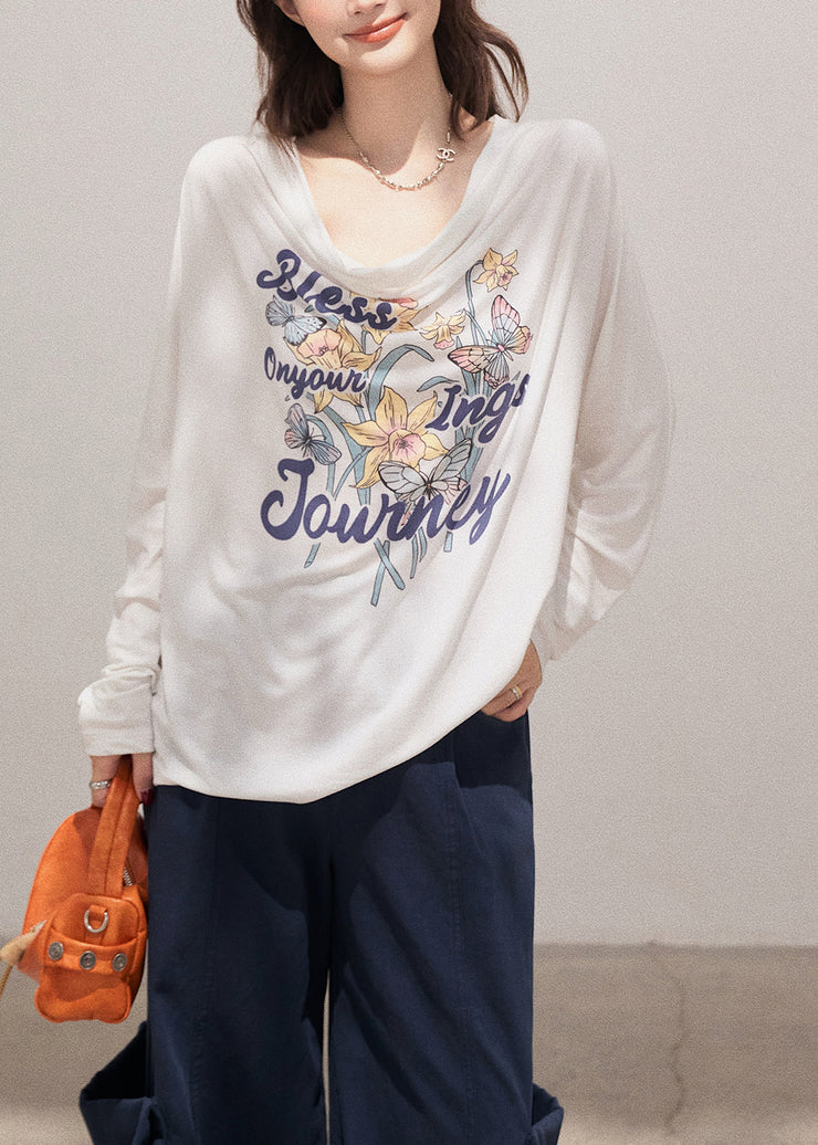 Boutique White Turtle Neck Print Cotton Pullover Sweatshirt Fall