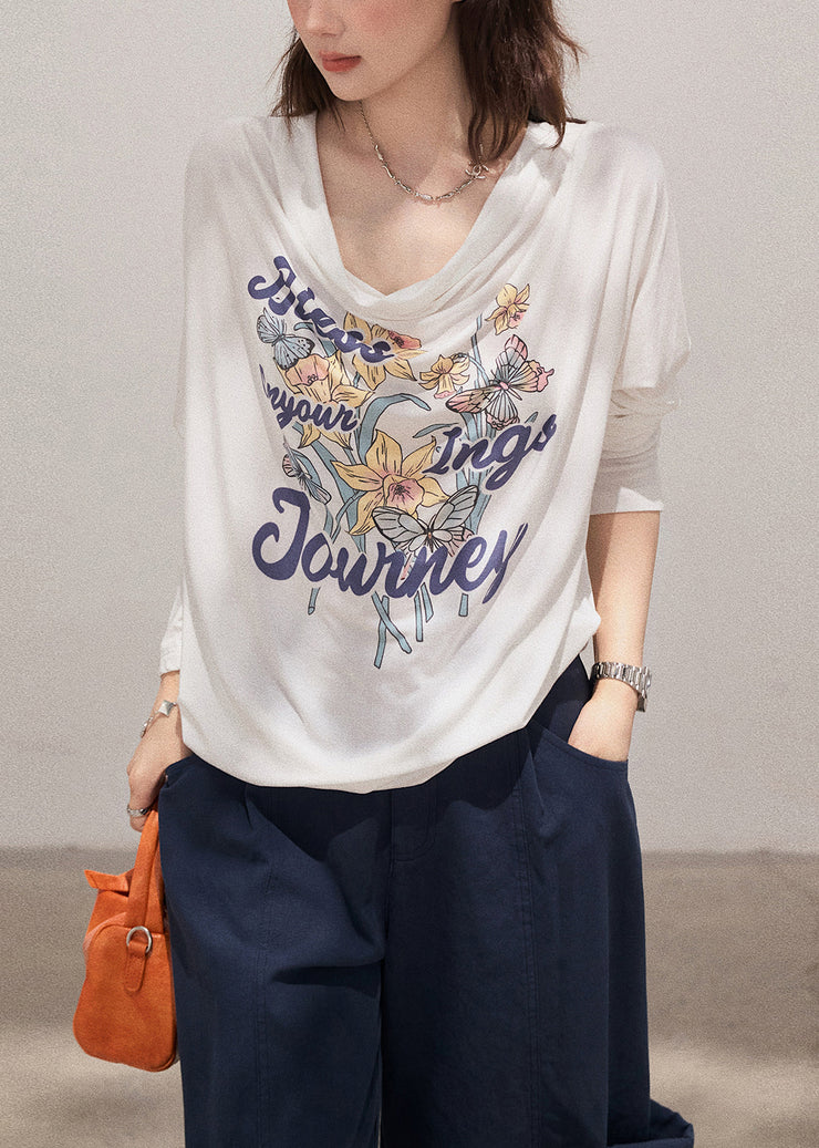 Boutique White Turtle Neck Print Cotton Pullover Sweatshirt Fall