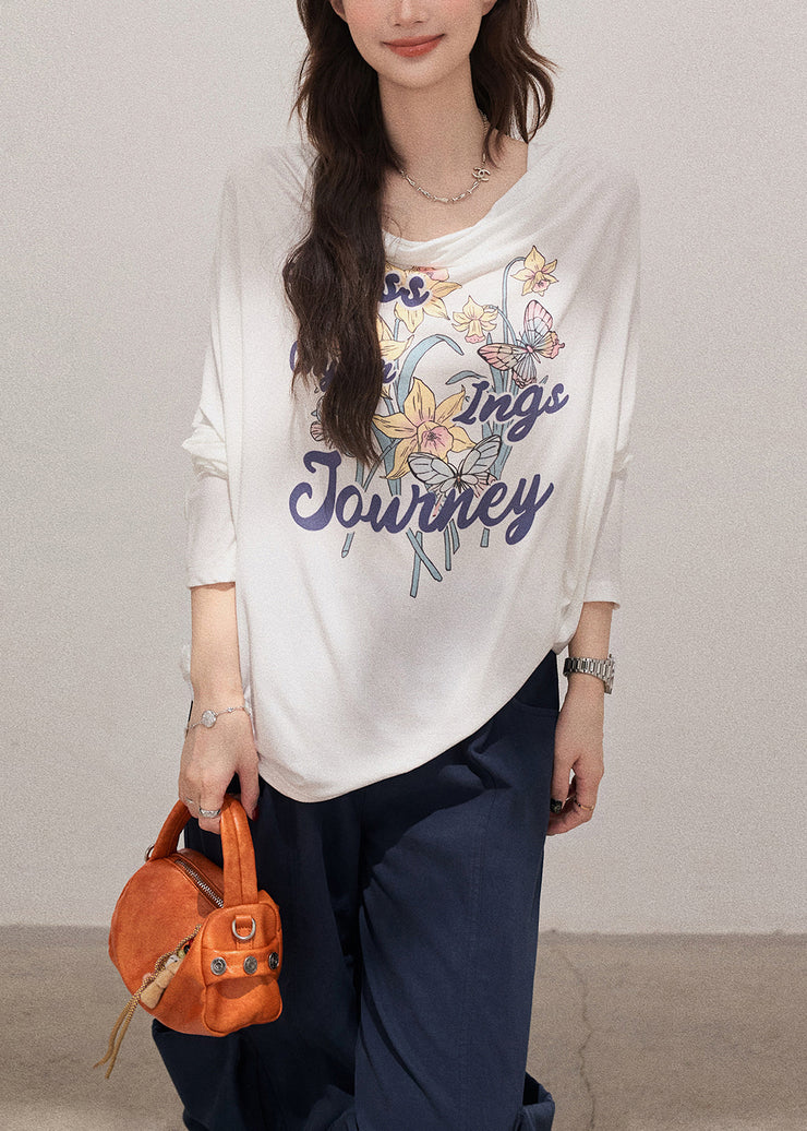 Boutique White Turtle Neck Print Cotton Pullover Sweatshirt Fall