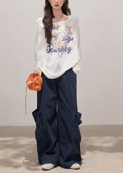 Boutique White Turtle Neck Print Cotton Pullover Sweatshirt Fall
