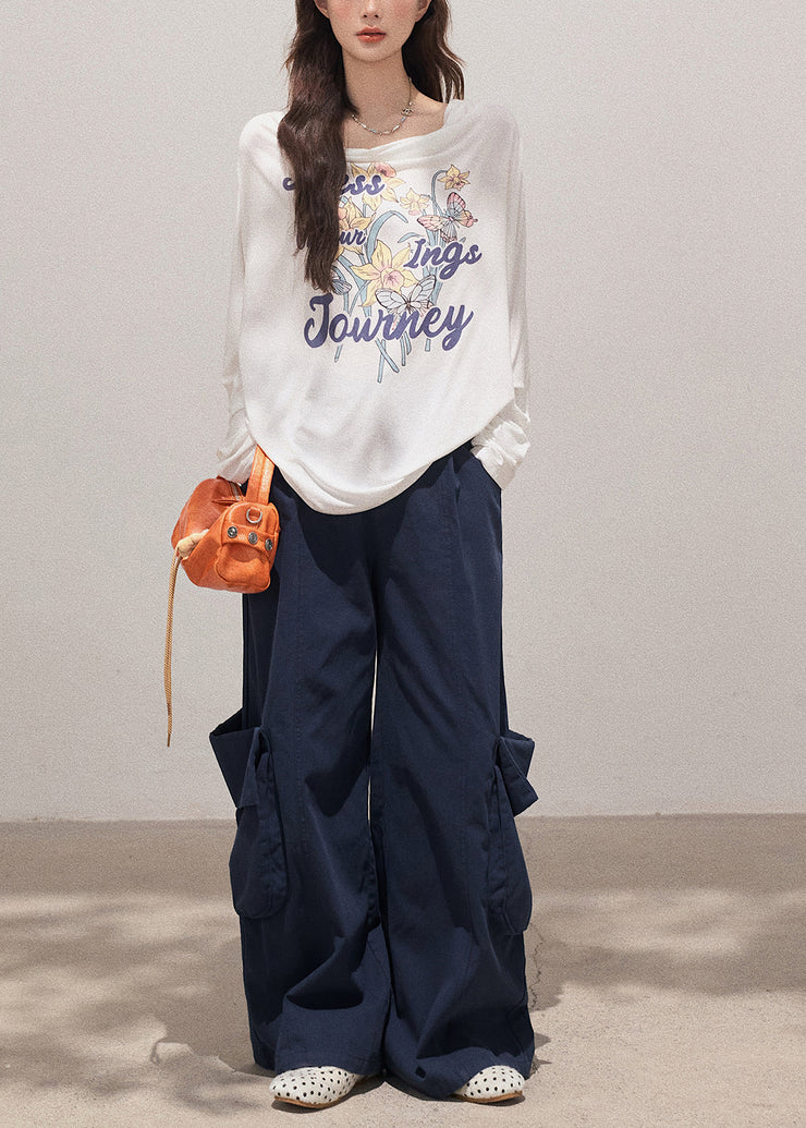 Boutique White Turtle Neck Print Cotton Pullover Sweatshirt Fall