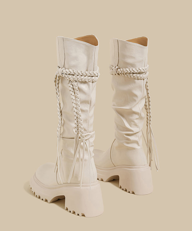 Boutique Wrinkled Splicing Chunky Boots Brown Faux Leather