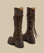 Boutique Wrinkled Splicing Chunky Boots Brown Faux Leather