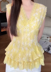 Boutique Yellow Embroidered Lace Patchwork Cotton Shirts Sleeveless