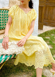 Boutique Yellow O-Neck Hollow Out Knitted Cotton Long Dress Summer
