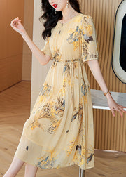 Boutique Yellow O Neck Print Wrinkled Lace Up Silk Dress Summer