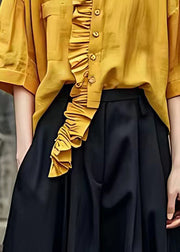 Boutique Yellow Peter Pan Collar Ruffled Patchwork Shirts Half Sleeve