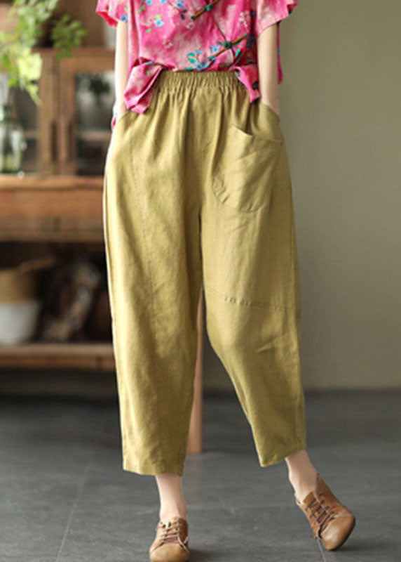 Boutique Yellow Pockets Patchwork Linen Crop Pants Summer