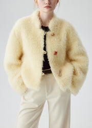 Boutique Yellow Stand Collar Button Woolen Coat Winter