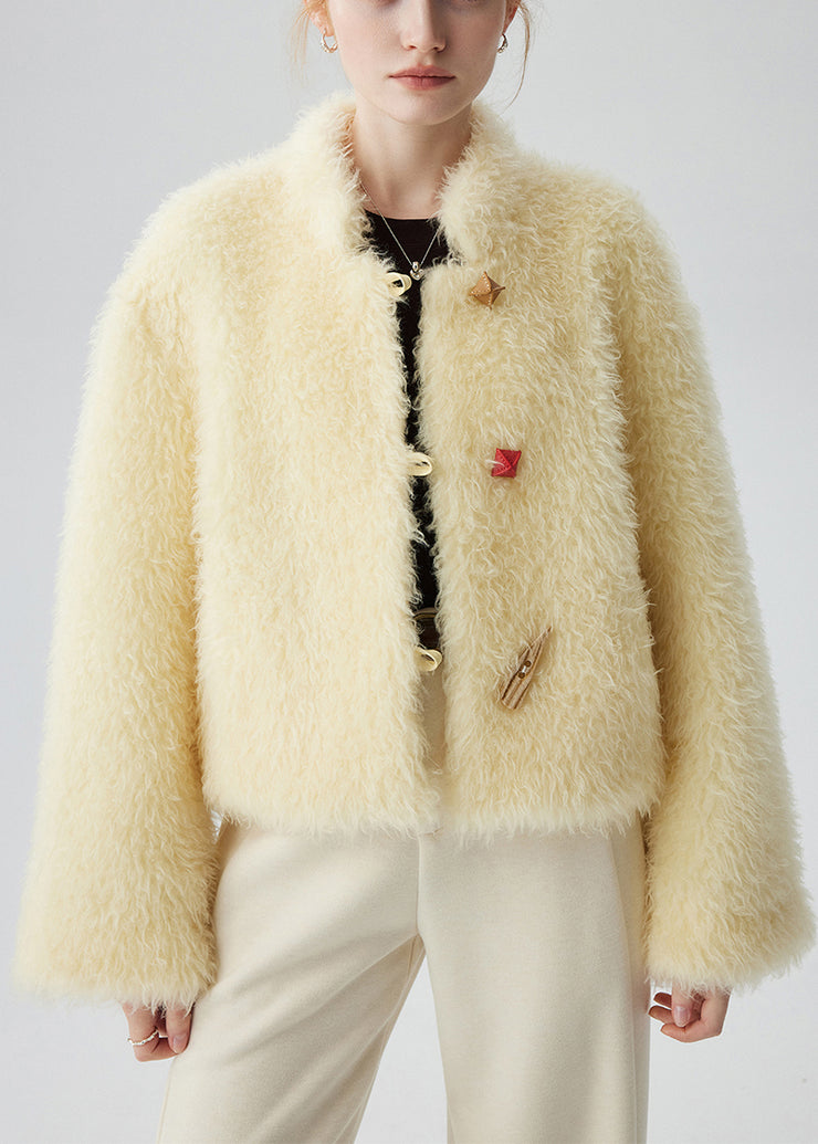 Boutique Yellow Stand Collar Button Woolen Coat Winter