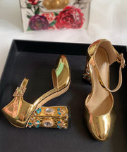Boutique Zircon Buckle Strap Splicing High Heels Gold Cowhide Leather