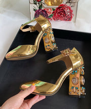 Boutique Zircon Buckle Strap Splicing High Heels Gold Cowhide Leather