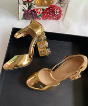 Boutique Zircon Buckle Strap Splicing High Heels Gold Cowhide Leather