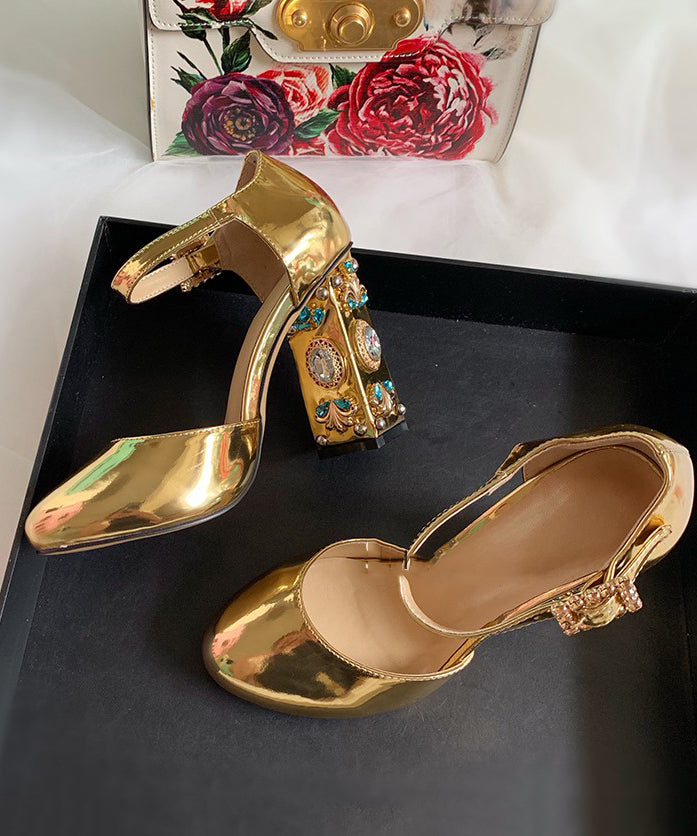 Boutique Zircon Buckle Strap Splicing High Heels Gold Cowhide Leather