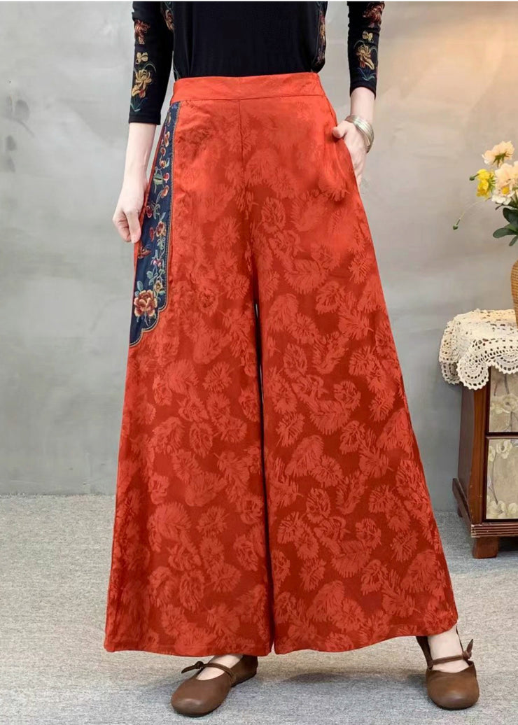 Brick Red Jacquard Silk Wide Leg Pants Embroidered Spring