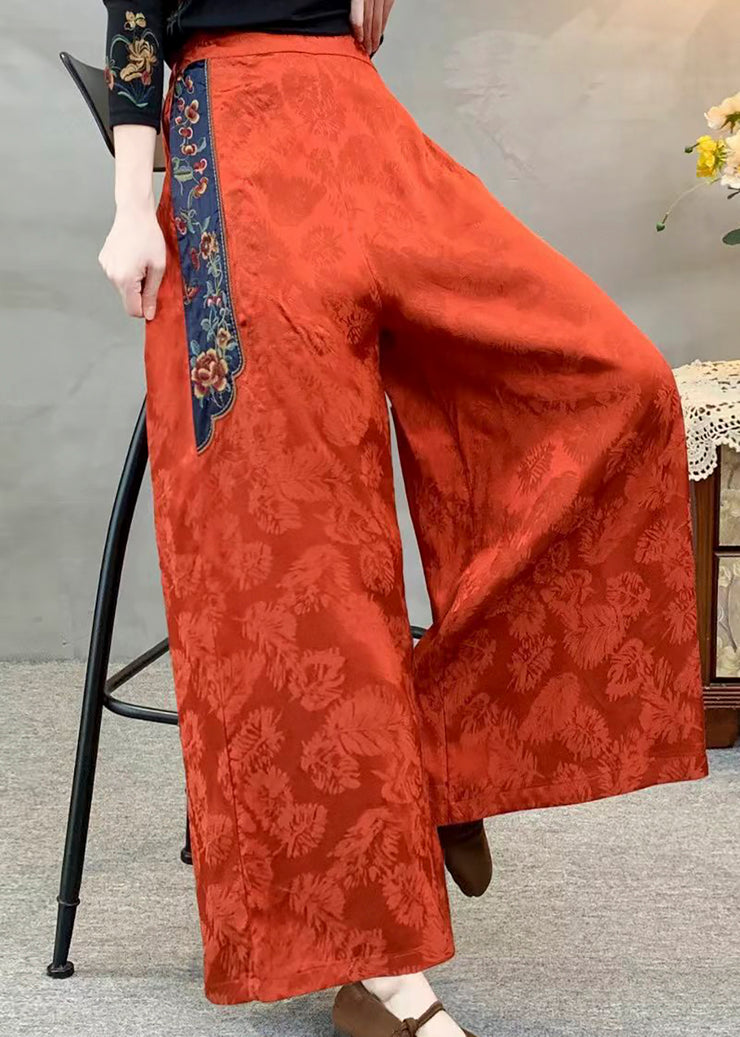 Brick Red Jacquard Silk Wide Leg Pants Embroidered Spring