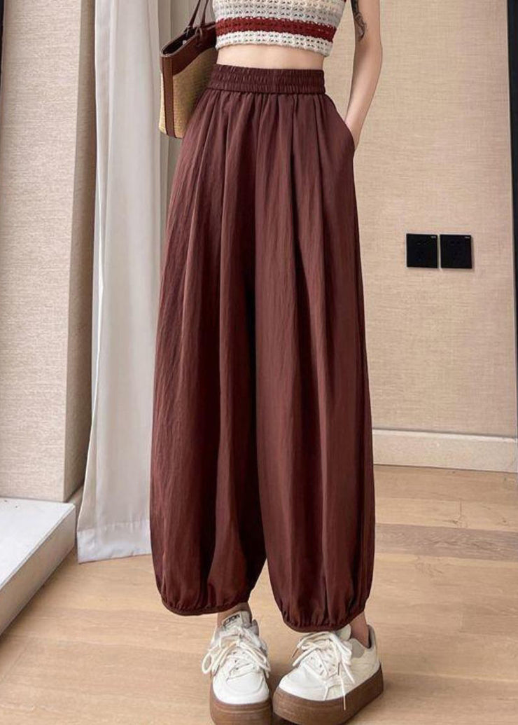 Brick Red Pockets Solid Cotton Summer Crop Pants Elastic Waist