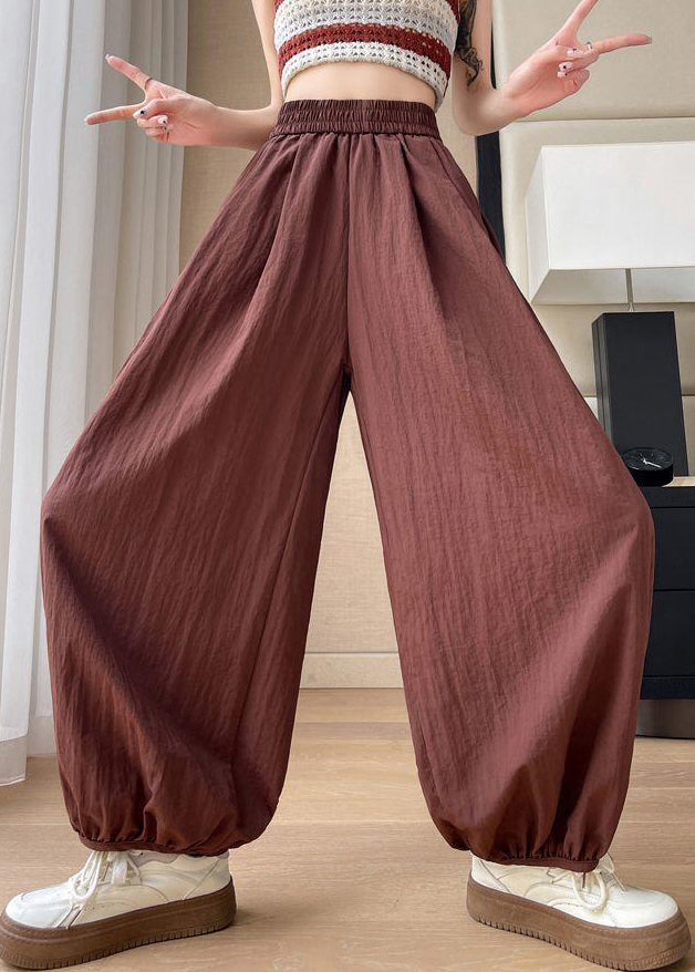 Brick Red Pockets Solid Cotton Summer Crop Pants Elastic Waist