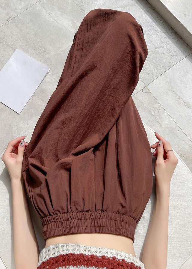Brick Red Pockets Solid Cotton Summer Crop Pants Elastic Waist