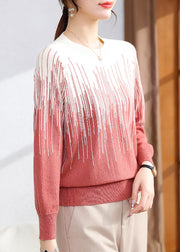 Brick Red Striped Cozy Knit Winter Sweater Tops O Neck