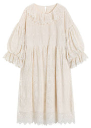 Brief Apricot Lace Patchwork Maxi Dress Lantern Sleeve
