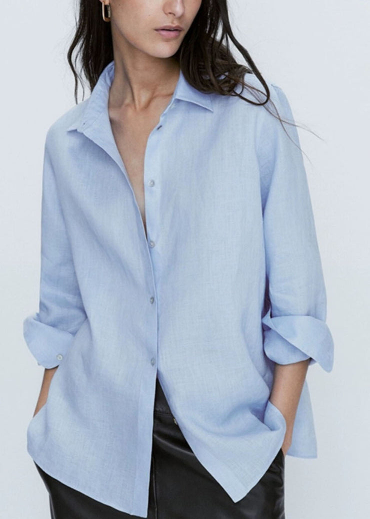 Brief Baby Blue Peter Pan Collar Button Solid Shirt Fall