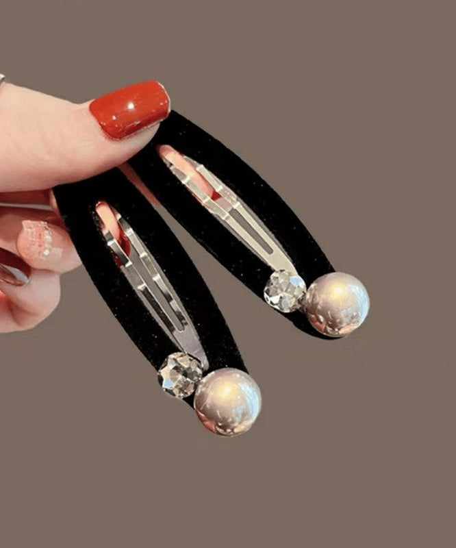 Brief Black Metal Velvet Pearl Hairpin