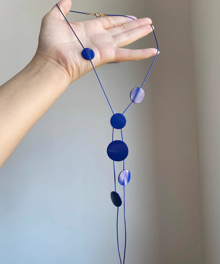 Brief Blue Alloy Asymmetrical Planchet Tassel Pendant Necklace