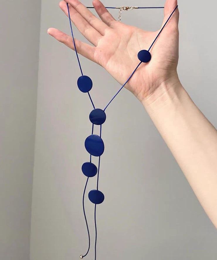 Brief Blue Alloy Asymmetrical Planchet Tassel Pendant Necklace