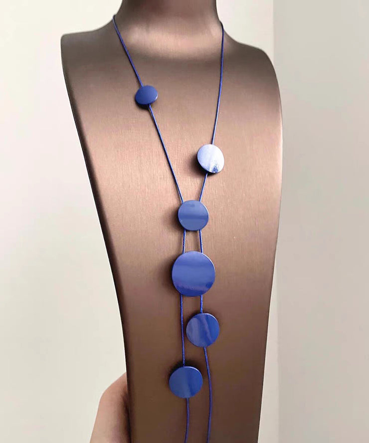Brief Blue Alloy Asymmetrical Planchet Tassel Pendant Necklace
