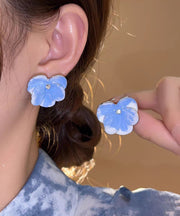 Brief Blue Alloy Zircon Floral Stud Earrings