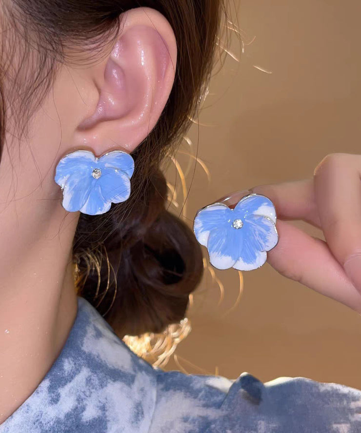Brief Blue Alloy Zircon Floral Stud Earrings