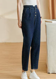 Brief Blue High Waist Pockets Crop Denim Pants Fall