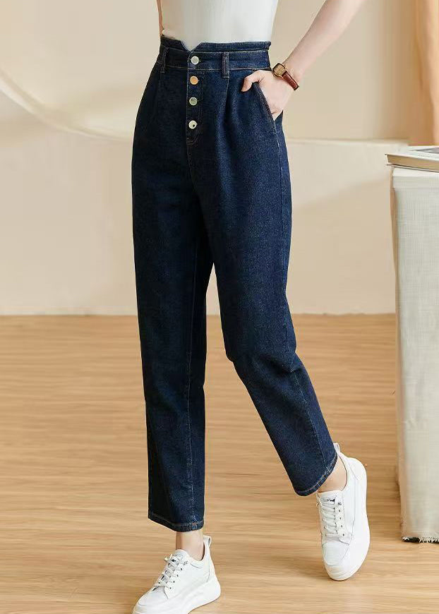 Brief Blue High Waist Pockets Crop Denim Pants Fall