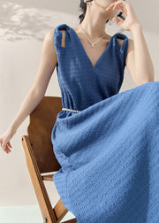 Brief Blue V Neck Long Dress Sleeveless