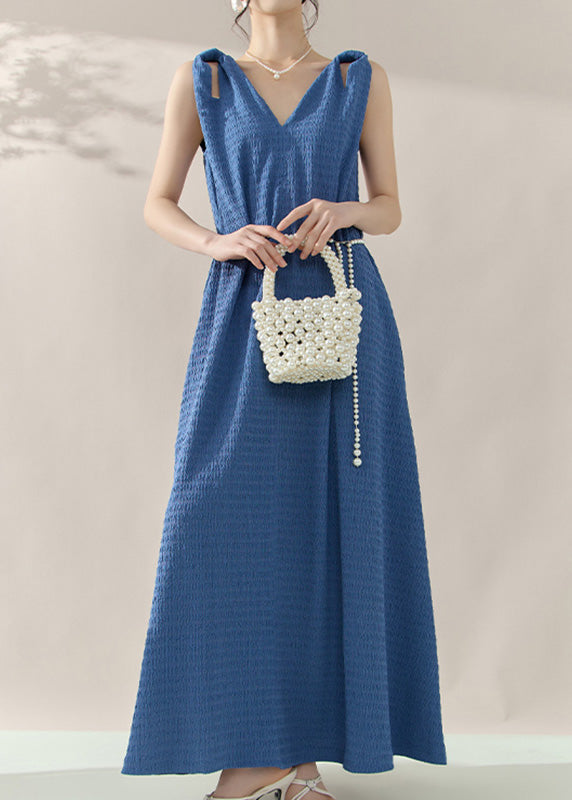 Brief Blue V Neck Long Dress Sleeveless