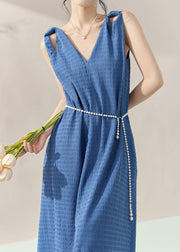 Brief Blue V Neck Long Dress Sleeveless