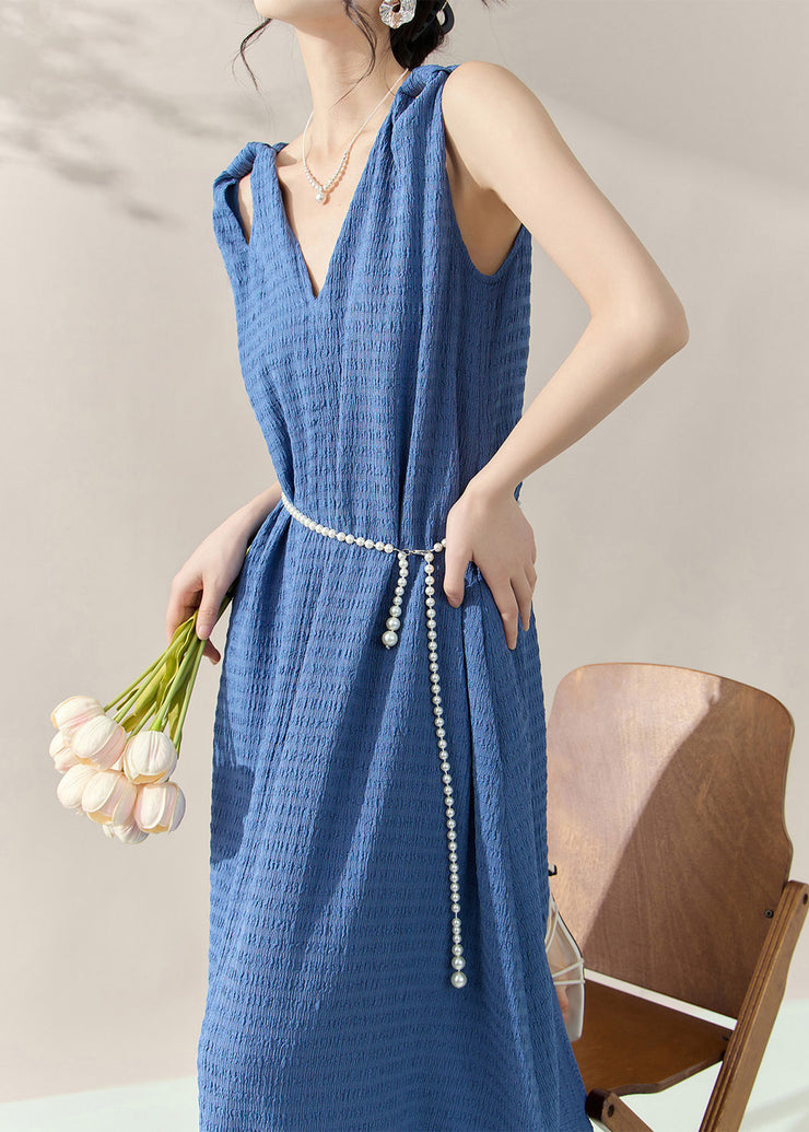 Brief Blue V Neck Long Dress Sleeveless