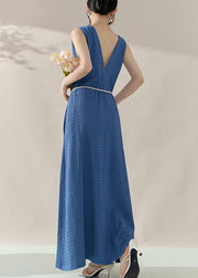 Brief Blue V Neck Long Dress Sleeveless