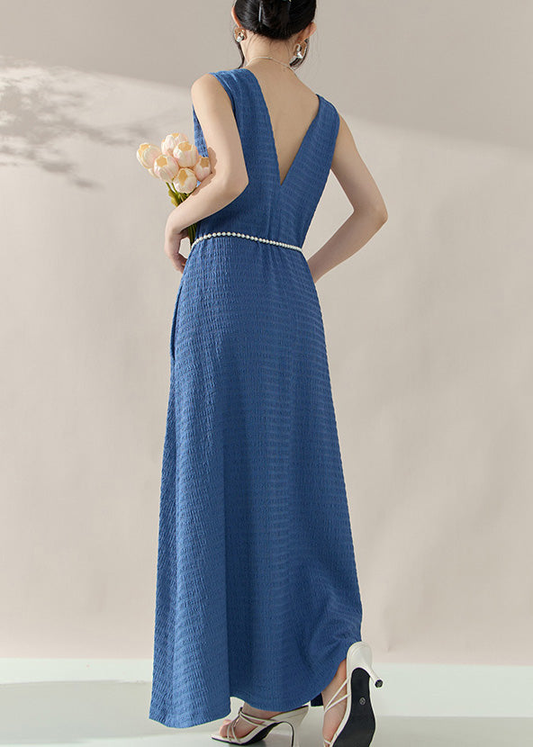 Brief Blue V Neck Long Dress Sleeveless
