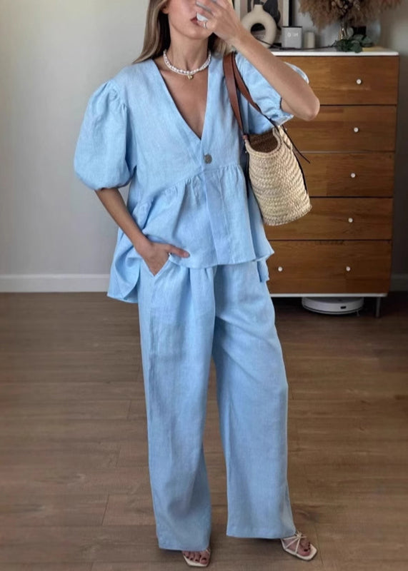 Brief Blue V Neck Solid Shirts And Wide Leg Pants Two Piece Set Short Sleeve