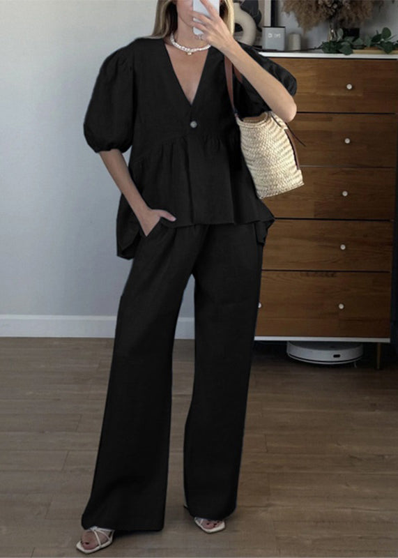 Brief Blue V Neck Solid Shirts And Wide Leg Pants Two Piece Set Short Sleeve