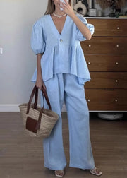 Brief Blue V Neck Solid Shirts And Wide Leg Pants Two Piece Set Short Sleeve