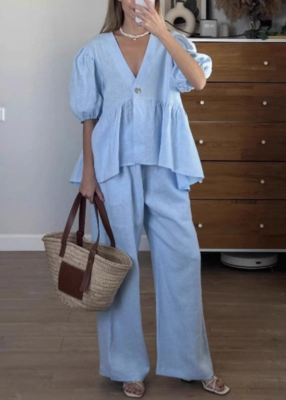 Brief Blue V Neck Solid Shirts And Wide Leg Pants Two Piece Set Short Sleeve