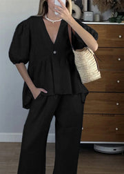 Brief Blue V Neck Solid Shirts And Wide Leg Pants Two Piece Set Short Sleeve