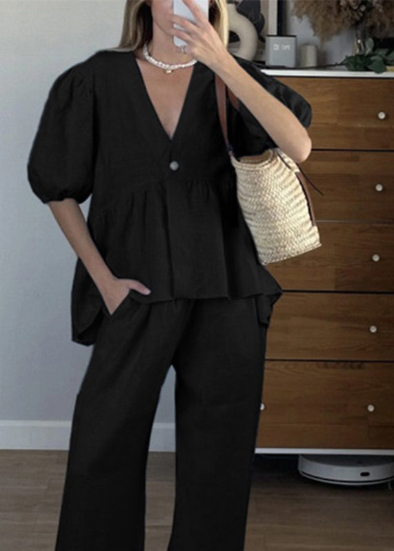 Brief Blue V Neck Solid Shirts And Wide Leg Pants Two Piece Set Short Sleeve