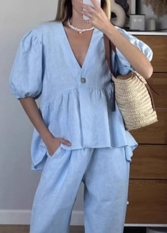 Brief Blue V Neck Solid Shirts And Wide Leg Pants Two Piece Set Short Sleeve