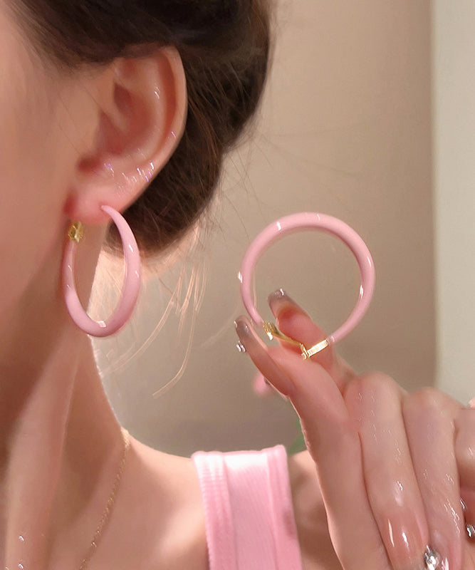 Brief Pink Alloy Drip Glaze Hoop Earrings