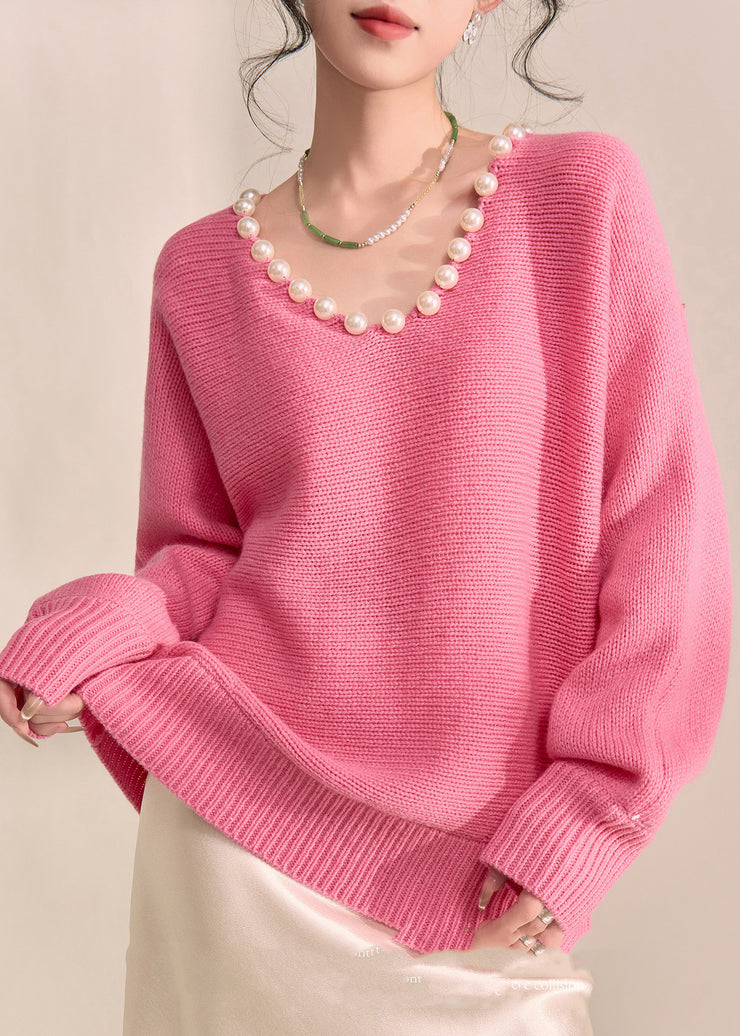 Brief Pink Thick Cotton Knit Sweater V Neck Pearl Lantern Sleeve
